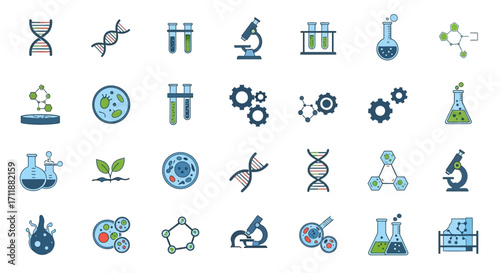 Explore scientific discovery with vibrant icons for DNA, cells, and lab equipment, perfect for innovation.