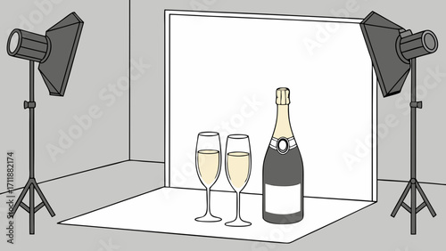 Studio setup with champagne bottle and glasses ready for product photography white background minimalist style celebration party advertising.