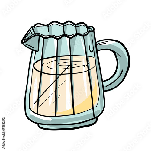 Milk in a glass coffee jug. Colorful illustration on white. Additives for coffee, milk mixture for taste. Product is not of animal or animal origin. Morning energy hot drinks for vitality
