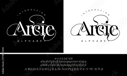 Arcis decorative alphabet font with elegant swashes and flourishes, ideal for invitations, logos, and luxury branding
