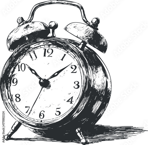 Vintage alarm clock illustration showcasing detailed mechanical design and classic features.