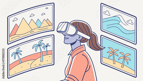 Virtual Travel Blogger Exploring Exotic Futuristic Destinations with VR Headset and Digital Screens
