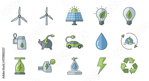 Discover sustainable energy solutions with icons for wind, solar, electric cars, and eco-friendly power.