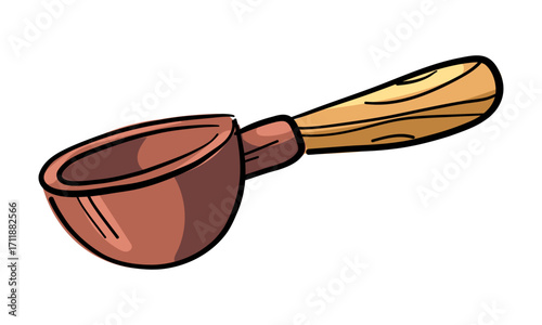 Copper coffee spoon for grinding coffee. Color illustration on white. Metal portion container with wooden spoon. Portion for one coffee drink. Coffee spoon, coffee tamper
