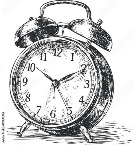Detailed hand-drawn vintage alarm clock illustration with a classic design featuring numbers and hands.