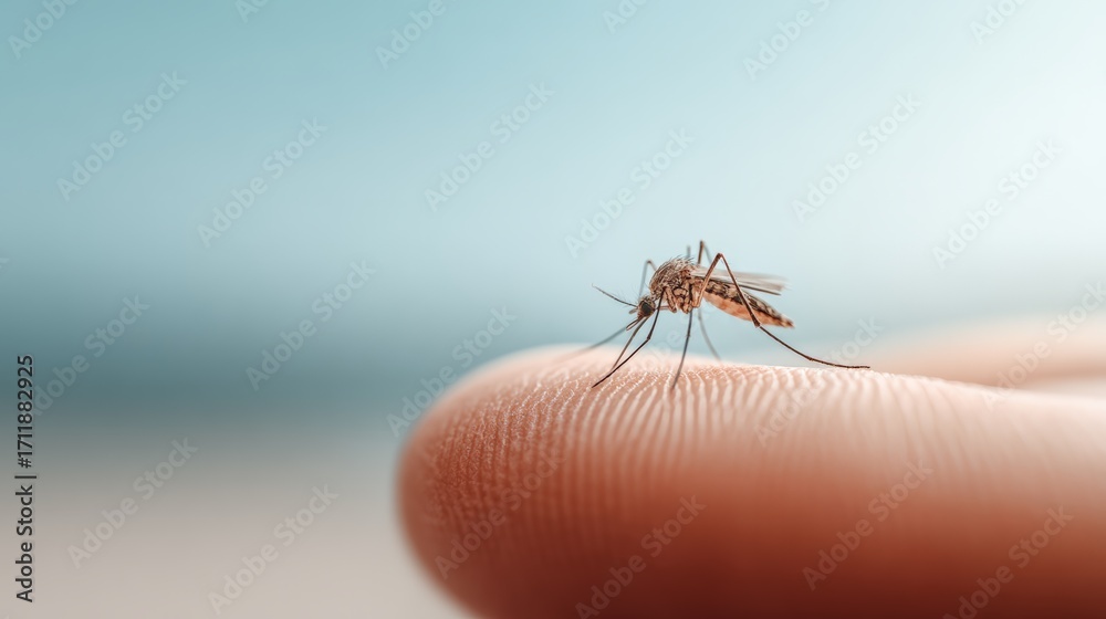 Obraz premium Mosquito preparing to bite human finger skin, potentially transmitting diseases like malaria, dengue fever, or zika virus, causing discomfort, itchiness, and health risks