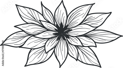 A detailed black and white illustration of a stylized flower with intricate petals and leaves.
