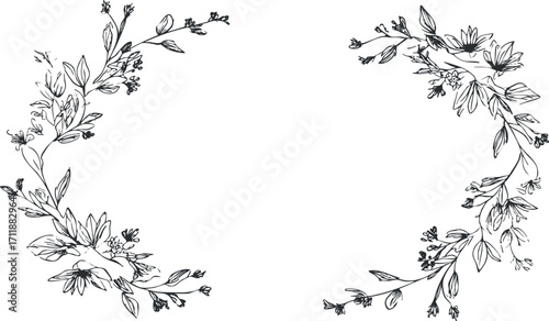 Elegant hand-drawn floral frame design with intricate botanical elements for various creative uses.