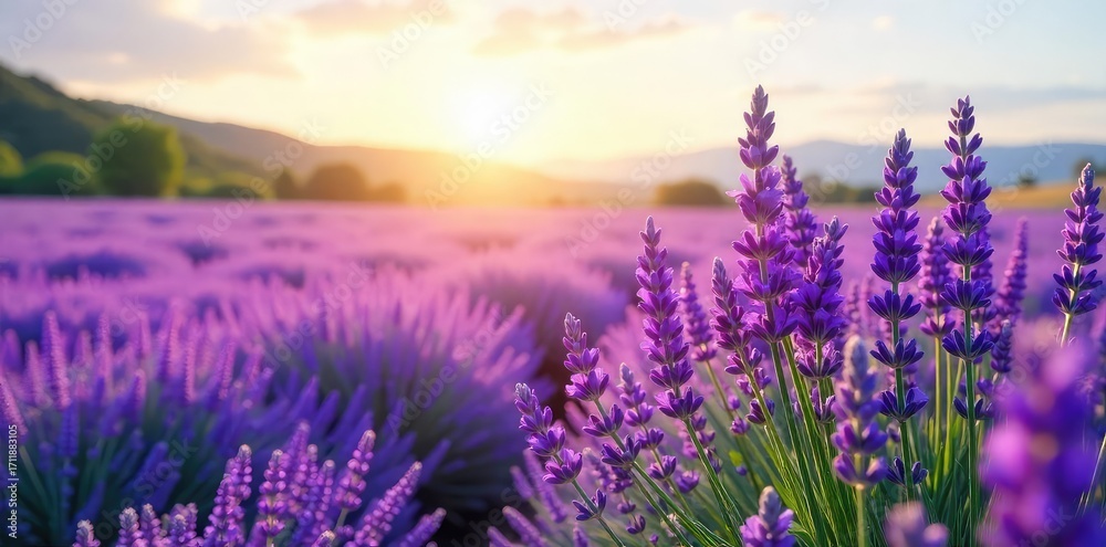Naklejka premium Vast field of purple lavender blossoms swaying gently in the breeze, bathed in soft sunlight A picturesque scene of tranquil beauty and natural fragrance , rural, France