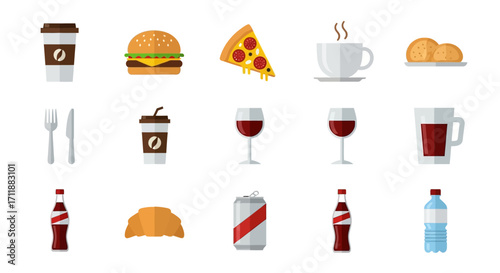 Appetizing food and drink icons for restaurant menu or culinary blog, offering variety and deliciousness