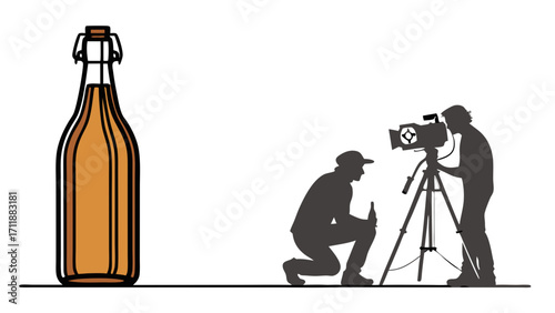 Silhouette of film crew filming a bottle of beverage on a white background.