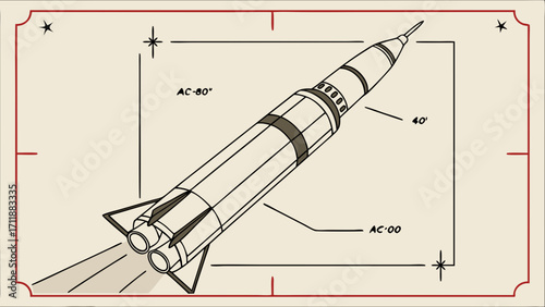 Vintage Rocket Ship Blueprint Illustration Spacecraft Design Retro Style Drawing Technical Diagram Space Exploration Cosmonautics Aerospace Engineering Mid-Century Modern Design.