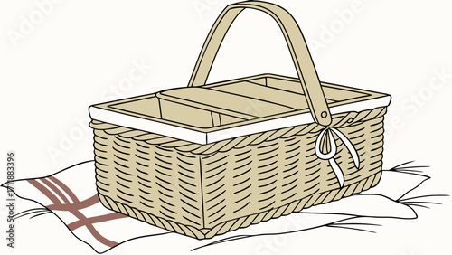 Wicker Picnic Basket with Handle on Blanket illustration drawing.