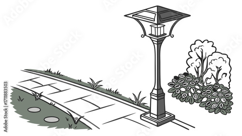 Solar-Powered Lamp Post on a Pathway with Greenery.
