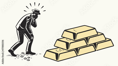 Worried Man Near Stack of Gold Bars Vintage Illustration Financial Anxiety Concept.