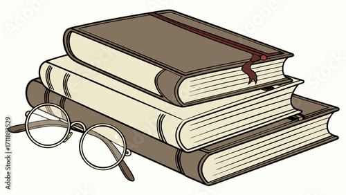 Stack of Books and Round Glasses Education Reading Knowledge Library Vintage Study Literature.