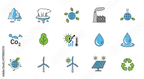 Climate change and environmental icons illustrating global warming, renewable energy, and sustainability