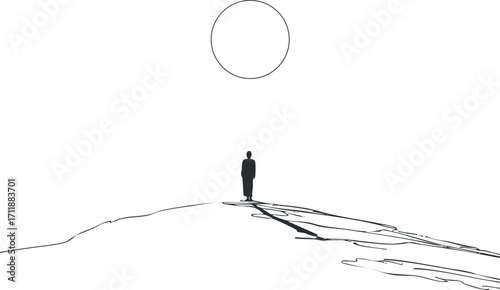 A minimalist silhouette of a person standing on a hill under a large sun in a serene landscape.