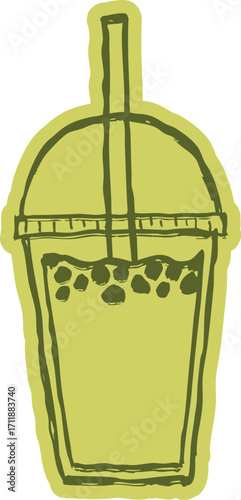 Boba or bubble tea sticker in a cute hand drawn doodle style. Illustration of an iced matcha latte with tapioca for printable cafe decals.