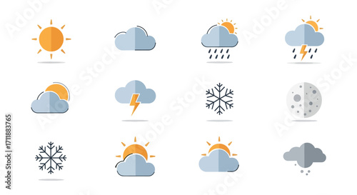 Weather forecast icons for apps or web design showing sun, clouds, rain, snow, lightning and moon phases