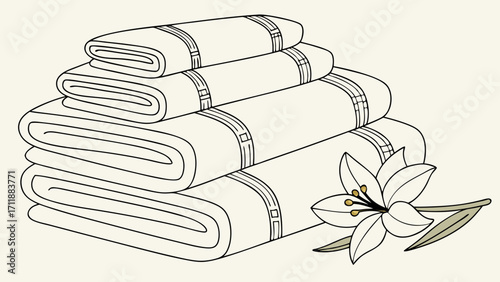 Stack of Rolled Towels with Lily Flower Spa Wellness Cleanliness Hygiene Illustration Line Art Vector Graphic Bathroom Decor Textile Design Towel Design Floral Element Simple Design Mi.