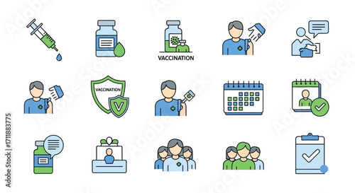 Expertly designed healthcare icons for vaccination, health, and medical services promoting wellness
