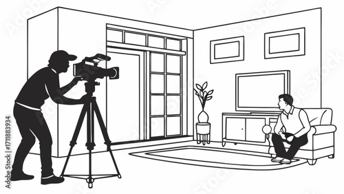 Studio filming cameraman interview television production black and white illustration simple design indoor scene person sitting video recording equipment tripod media production broadc.