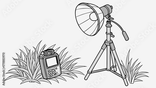 Studio lighting equipment setup photographic illustration reflector tripod camera monitor grass outdoor photography graphic design element.