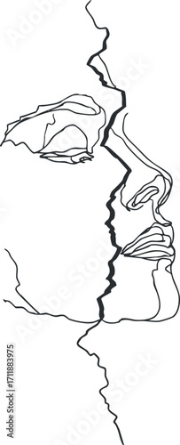 A minimalist line art illustration of two faces in profile, conveying emotion and connection.
