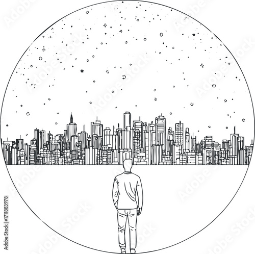 A minimalist illustration of a man gazing at a starry city skyline at night.