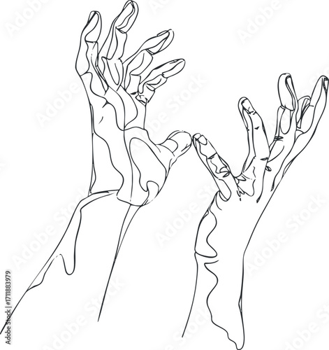 Stylized line art illustration of expressive hands reaching upwards in a creative gesture.