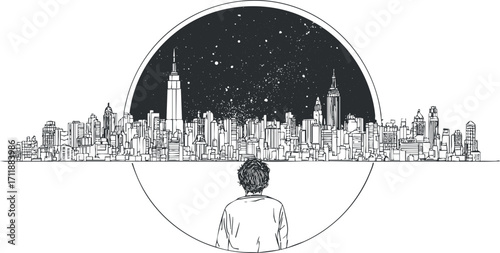 A silhouette of a man gazing at a starry city skyline illustration.