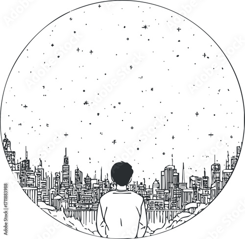 A minimalist illustration of a person gazing at a starry night sky over a cityscape.