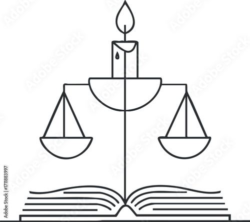 A symbolic representation of law featuring scales of justice on an open book with a candle.
