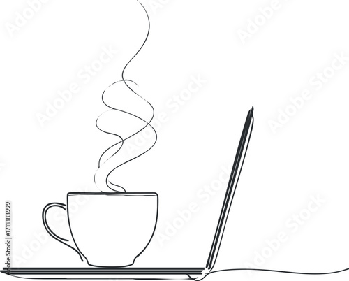 A minimalist illustration of a steaming cup of coffee beside an open laptop.