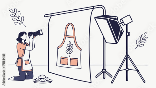 Studio photography of an apron with lighting equipment and photographer.