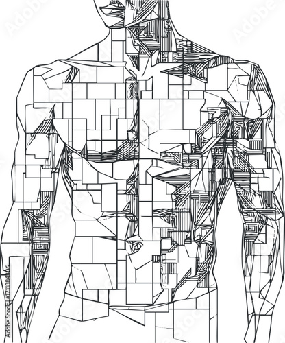 Stylized abstract illustration of a human body composed of geometric shapes and lines.
