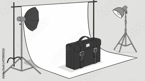 Studio Photography Setup with Briefcase Product Photography Backdrop Lighting Equipment Professional Photo Shoot Illustration.