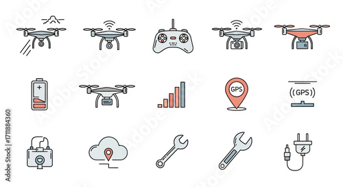 Modern drone technology icons showcasing aerial photography, GPS, and remote control systems