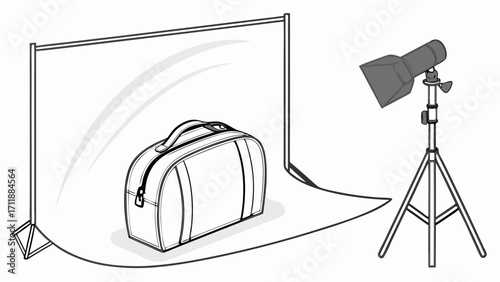 Studio Photography Setup with Handbag Product Photography Backdrop Lighting Equipment Illustration Clean Background Simple Design.