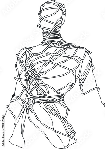 A minimalist line art illustration of a figure wrapped in strings, showcasing creativity and modern design.