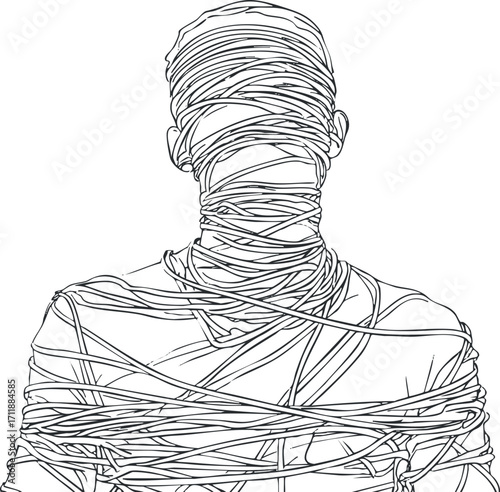 A minimalistic line art illustration of a human figure wrapped in tangled lines conveying emotion.