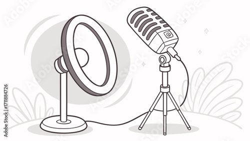 Studio Setup with Microphone and Ring Light Podcast Vlog Streaming Illustration.