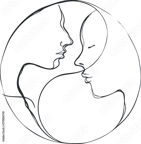 A minimalistic line art illustration of two faces in profile, symbolizing connection and love.
