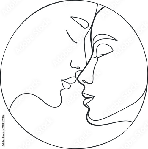 Minimalist line art illustration of two faces symbolizing love and connection in a circular design.