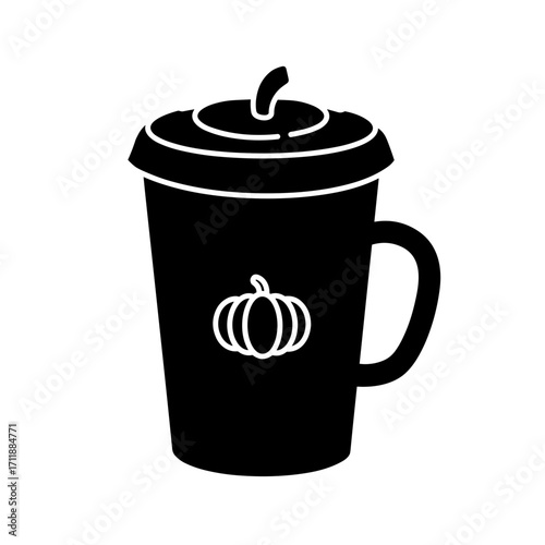 Black coffee cup featuring pumpkin design symbolizing Thanksgiving Day  