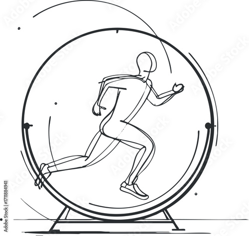 An abstract illustration of a person running inside a circular wheel symbolizing energy and motion.