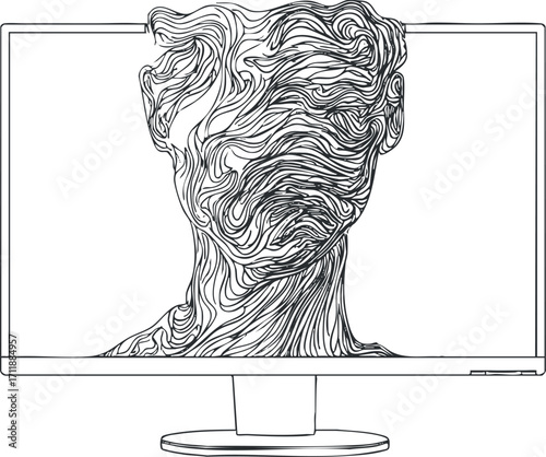 Abstract line art of a head silhouette displayed on a computer monitor showcasing creativity.