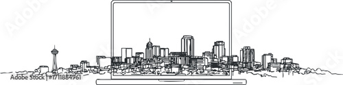 A minimalist illustration of a city skyline integrated with a laptop design showcasing urban connectivity.