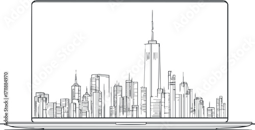 A minimalist illustration of a city skyline displayed on a laptop screen showcasing modern architecture.